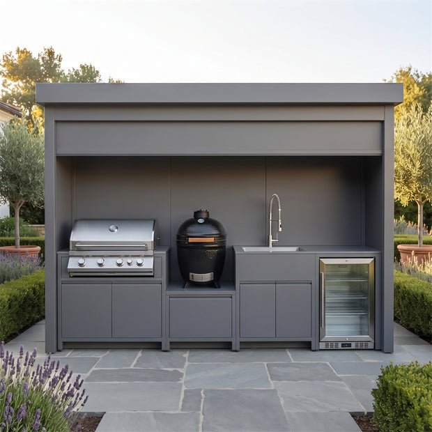 Made-to-Order Stainless Steel Outdoor Kitchen Pod with Shed – Closable Roller Shutter, Kamado & Sink for Garden