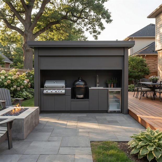 Tailor-Made Stainless Steel Outdoor Kitchen Pod with Shed – Roller Shutter Door, Gas BBQ With Sink for Backyard
