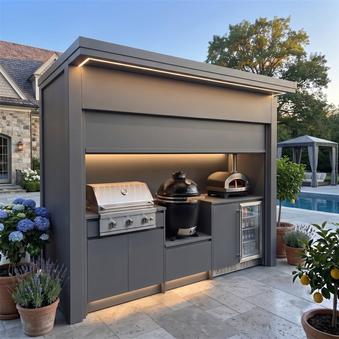 Made-to-Order Stainless Steel Outdoor Kitchen & BBQ Pod with Shed – Roller Shutter Door, Gas BBQ & Sink for Backyard