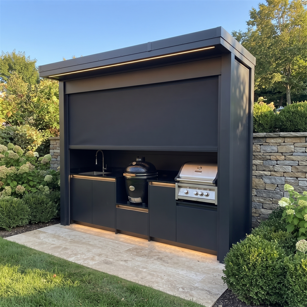 Tailor-Made Stainless Steel Outdoor BBQ Kitchen Pod with Shed – Roller Shutter Door, Gas BBQ With Sink for Villa Courtyard