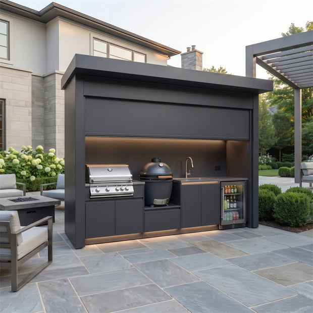 Made-to-Order Stainless Steel Outdoor Kitchen Pod – Roller Shutter Door, Gas BBQ Station for Villa Courtyard