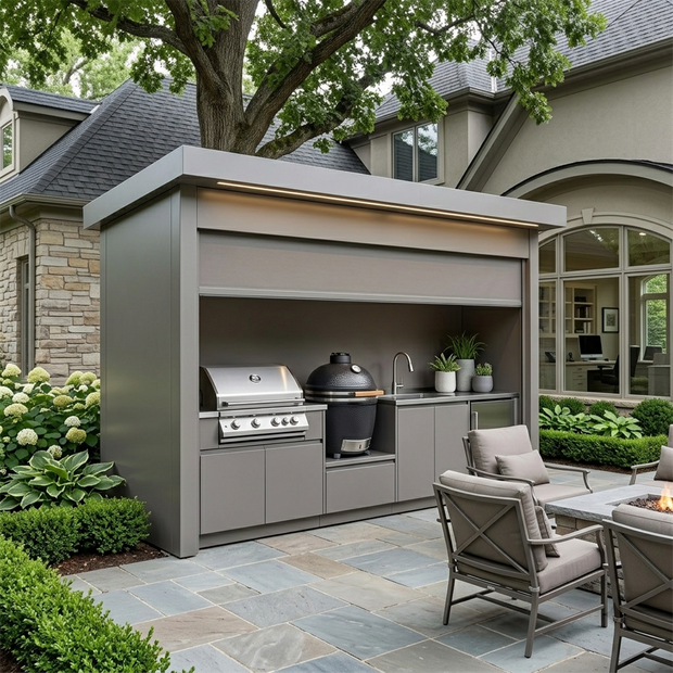 Custom Stainless Steel Outdoor Kitchen Pod with Shed – Roller Shutter Door, BBQ & Refrigerator for Villa Courtyard