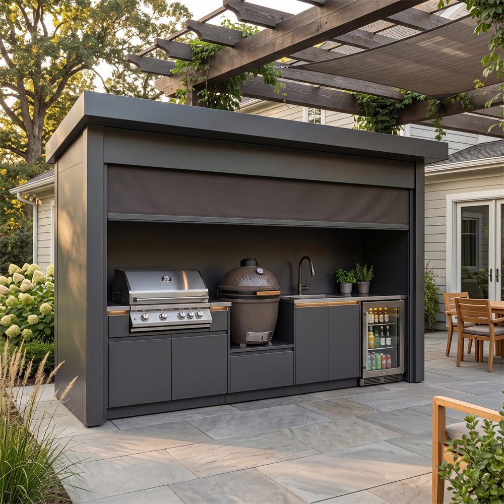 Made-to-Order European-Style Stainless Steel Outdoor Kitchen Pod – Closable Roller Shutter, Fridge & Sink for Patio