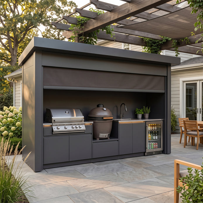 Made-to-Order European-Style Stainless Steel Outdoor Kitchen Pod – Closable Roller Shutter, Fridge & Sink for Patio
