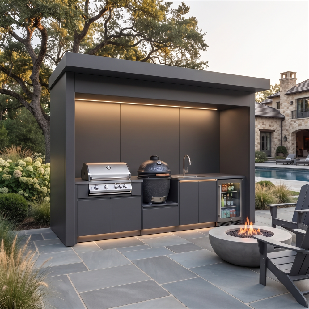 Made-to-Order Stainless Steel Outdoor Kitchen Pod with Shed – Roller Shutter Door, Kamado & Sink for Villa Courtyard