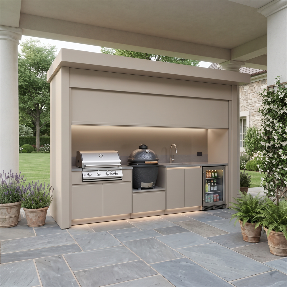 Custom Stainless Steel Outdoor Kitchen Pod with Shed – Roller Shutter Door, Kamado & Sink for Villa Courtyard