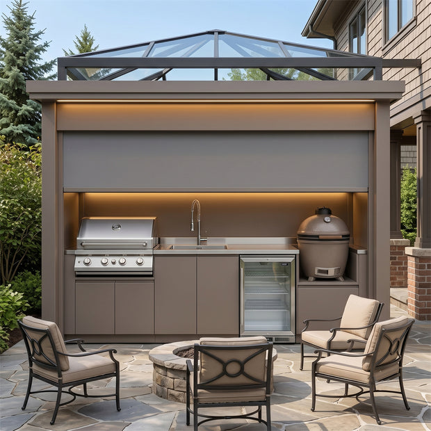 Tailor-Made Stainless Steel Outdoor BBQ Kitchen Pod with Shed – Roller Shutter Door, Sink Station for Garden