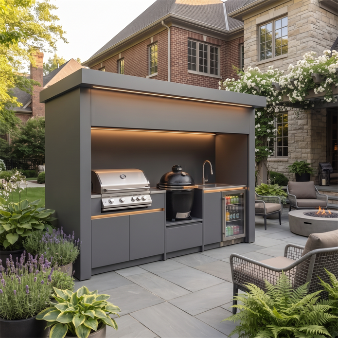Tailor-Made Stainless Steel Outdoor Kitchen Pod with Shed – Roller Shutter Door, BBQ With Built-in Fridge for Backyard