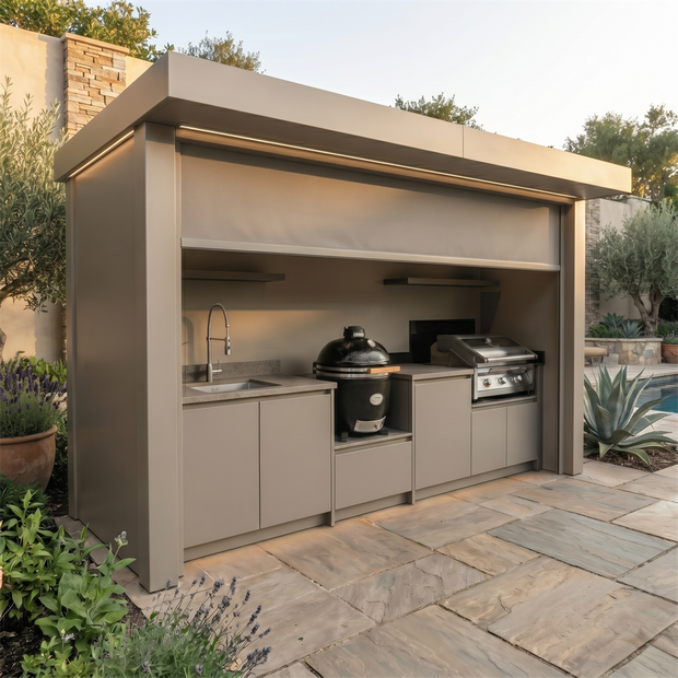 Bespoke Stainless Steel Outdoor Kitchen Pod with Shed – Roller Shutter Door, Kamado With Sink for Backyard