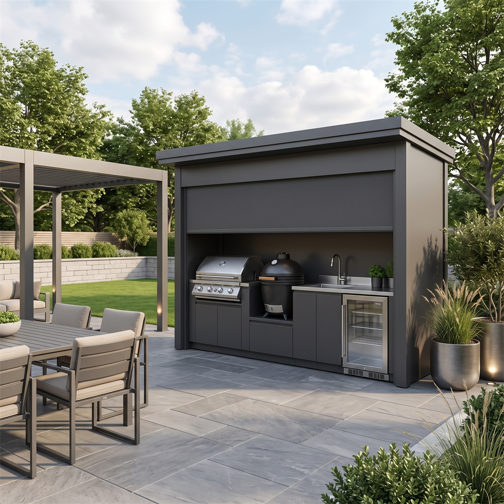 Custom Stainless Steel Outdoor Kitchen Pod with Shed – Electric Roller Shutter Door, Kamado Grill Station for Patio