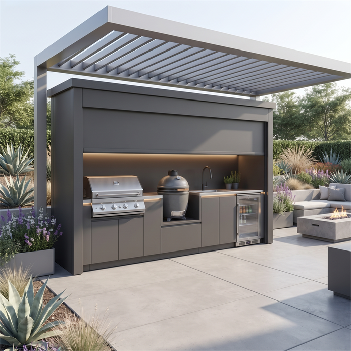 Made-to-Order Stainless Steel Outdoor Kitchen Pod – Closable Roller Shutter, BBQ With Built-in Fridge for Backyard