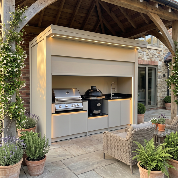 Made-to-Order Stainless Steel Outdoor Kitchen & BBQ Pod with Shed – Roller Shutter Door, Gas BBQ & Fridge for Villa Courtyard