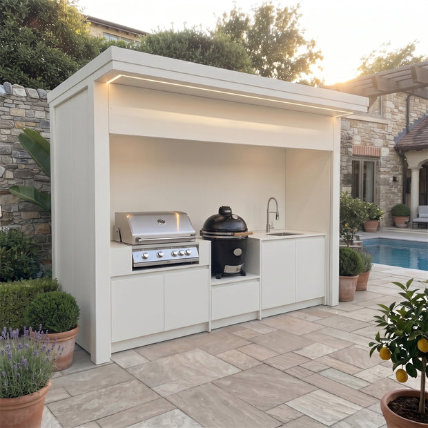Custom Stainless Steel Outdoor Kitchen Pod with Shed – Closable Roller Shutter, BBQ Grill & Sink for Poolside