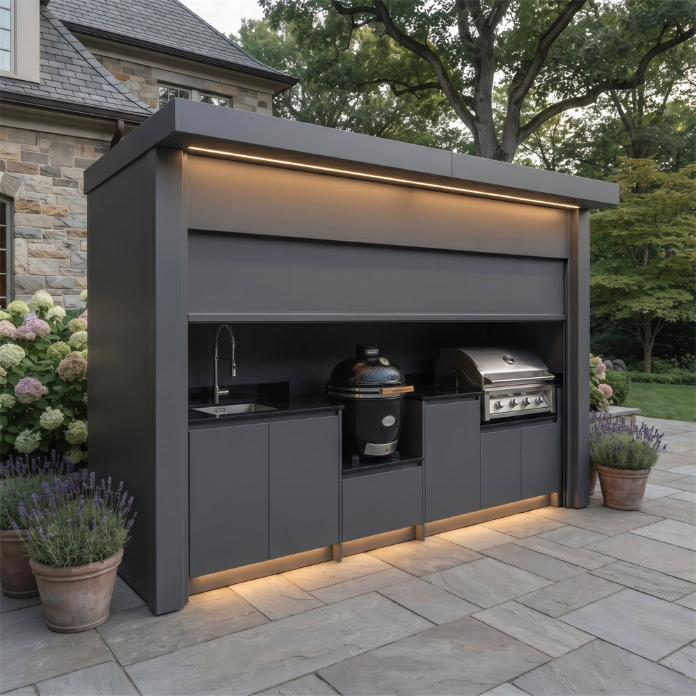 Tailor-Made Stainless Steel Outdoor Kitchen & BBQ Shed – Closable Roller Shutter, Kamado Grill Station for Patio