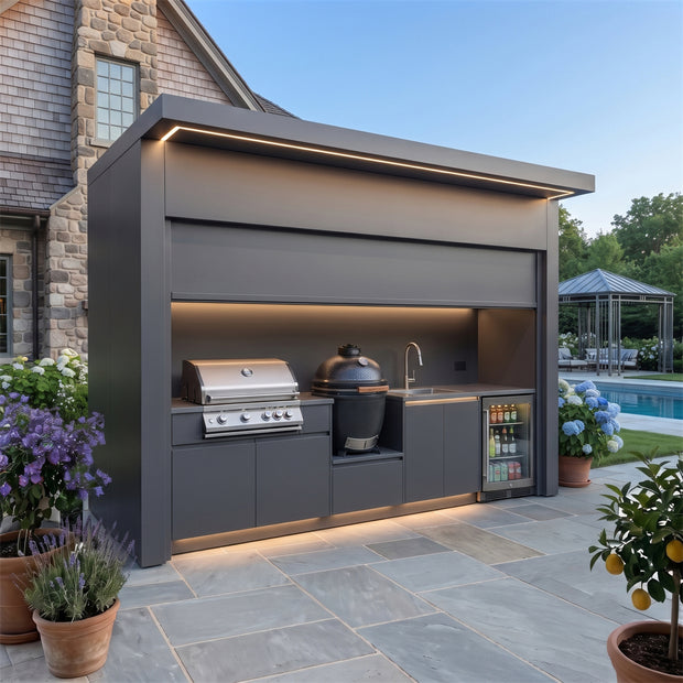 Custom Stainless Steel Outdoor Kitchen Pod with Shed – Roller Shutter Door, Refrigerator & Sink for Villa Courtyard