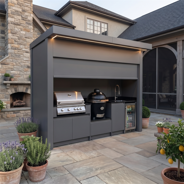 Made-to-Order Stainless Steel Outdoor Kitchen Pod – Roller Shutter Door, Gas BBQ & Sink for Backyard
