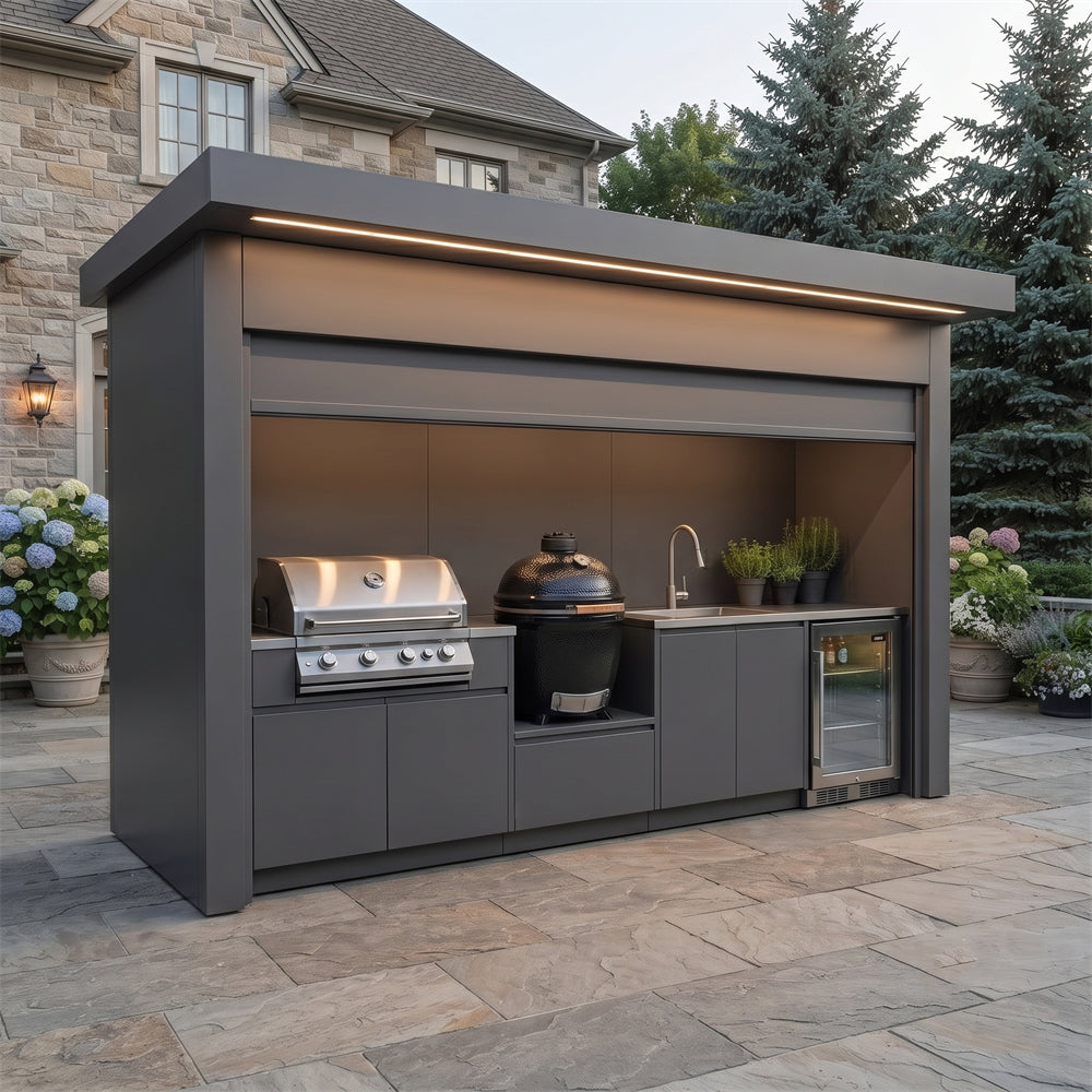 Made-to-Order Stainless Steel Outdoor Kitchen Pod – Closable Roller Shutter, BBQ Grill Station for Villa Courtyard