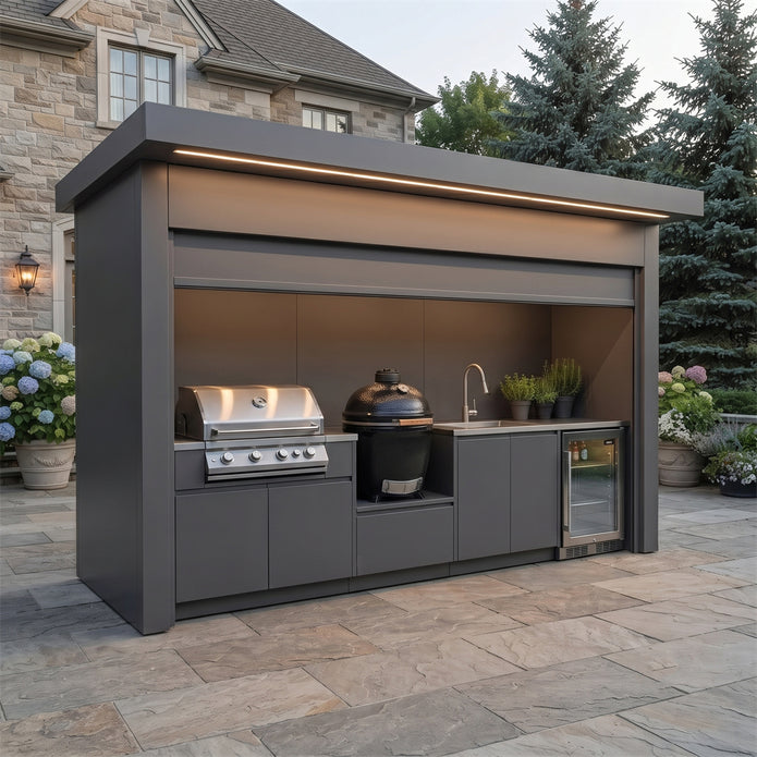 Made-to-Order Stainless Steel Outdoor Kitchen Pod – Closable Roller Shutter, BBQ Grill Station for Villa Courtyard