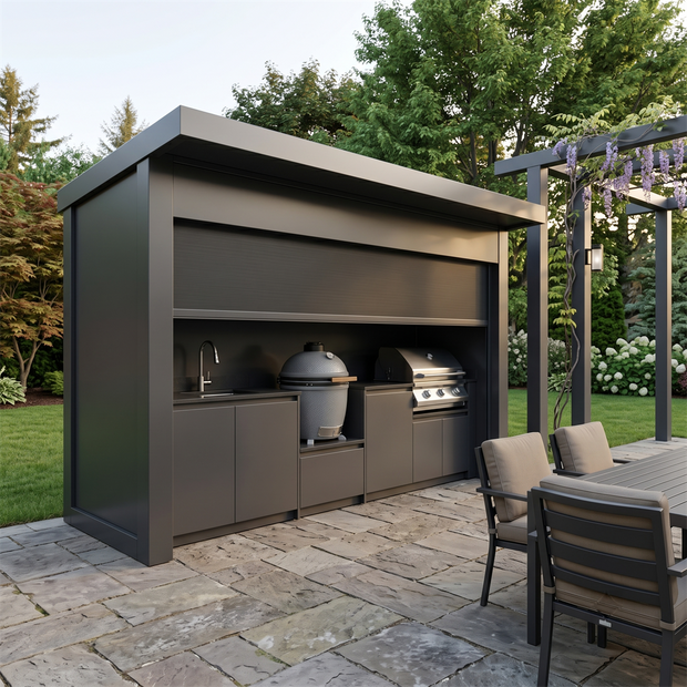 Made-to-Order Stainless Steel Outdoor Kitchen & BBQ Pod with Shed – Roller Shutter Door, Fridge & Sink Station for Backyard