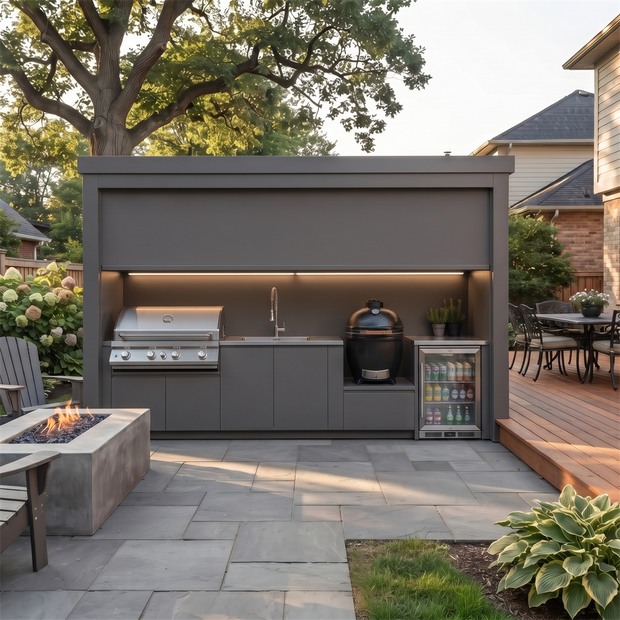 Made-to-Order Stainless Steel Outdoor Kitchen Pod with Shed – Electric Roller Shutter Door, Kamado & Sink for Patio