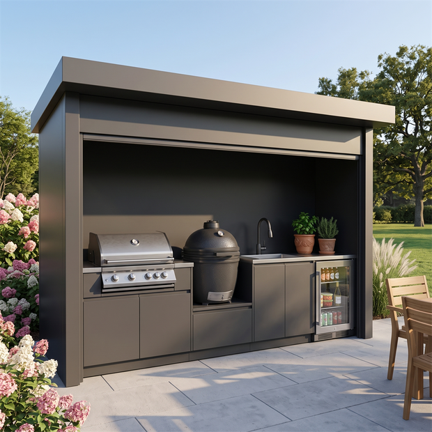 Bespoke Stainless Steel Outdoor BBQ Kitchen Shed – Roller Shutter Door, BBQ Grill & Sink for Villa Courtyard