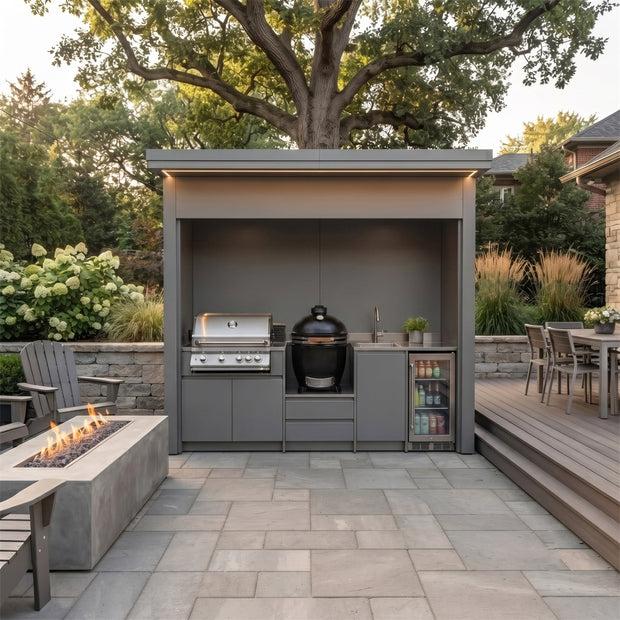 Tailor-Made Stainless Steel Outdoor BBQ Kitchen Pod with Shed – Roller Shutter Door, Kamado & Sink for Backyard