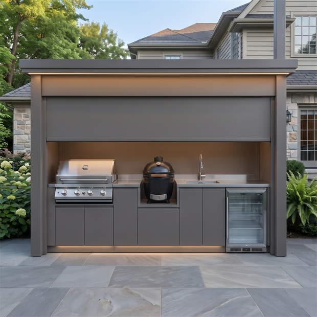 Custom Luxury Stainless Steel Outdoor Kitchen Pod with Shed – Roller Shutter Door, Fridge & Sink for Patio