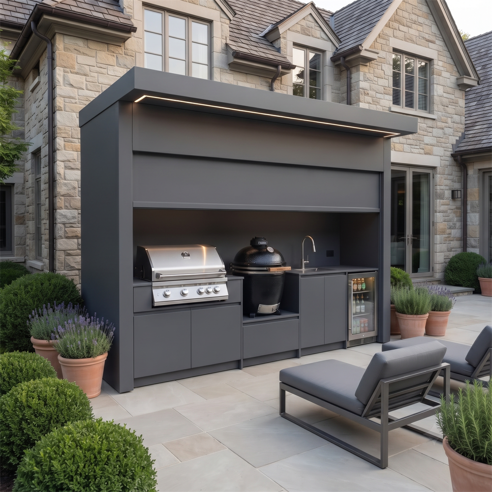 Custom Stainless Steel Outdoor Kitchen Pod with Shed – Roller Shutter Door, BBQ & Fridge for Villa Courtyard