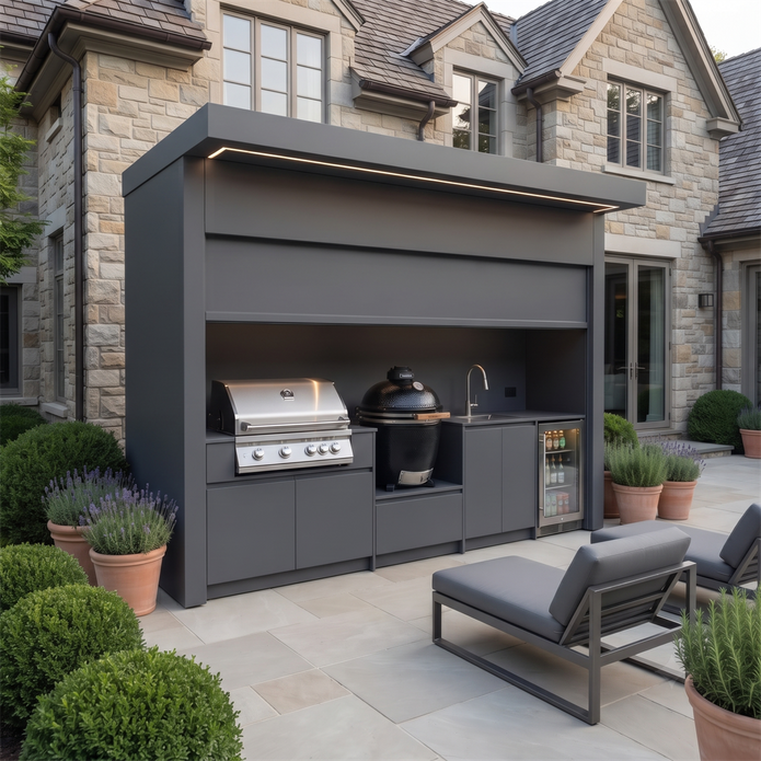 Custom Stainless Steel Outdoor Kitchen Pod with Shed – Roller Shutter Door, BBQ & Fridge for Villa Courtyard