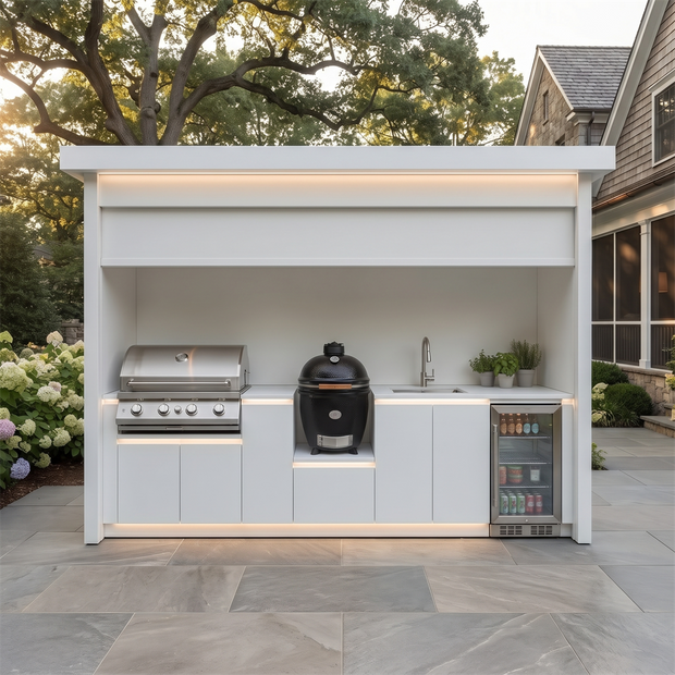 Tailor-Made Stainless Steel Outdoor Kitchen Pod with Shed – Roller Shutter Door, Complete BBQ Station for Backyard