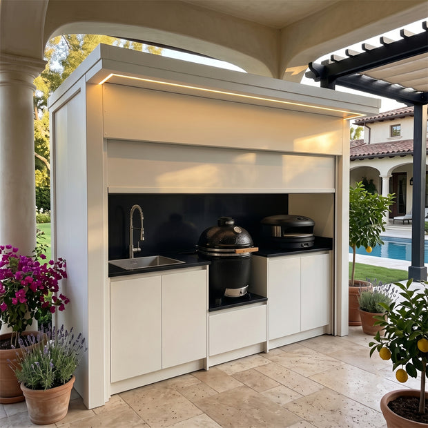 Tailor-Made Stainless Steel Outdoor Kitchen Pod with Shed – Roller Shutter Enclosure, Gas BBQ & Fridge for Backyard