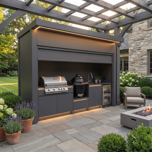 Bespoke Stainless Steel Outdoor Kitchen Shed – Roller Shutter Door, Fridge & Sink Station for Poolside
