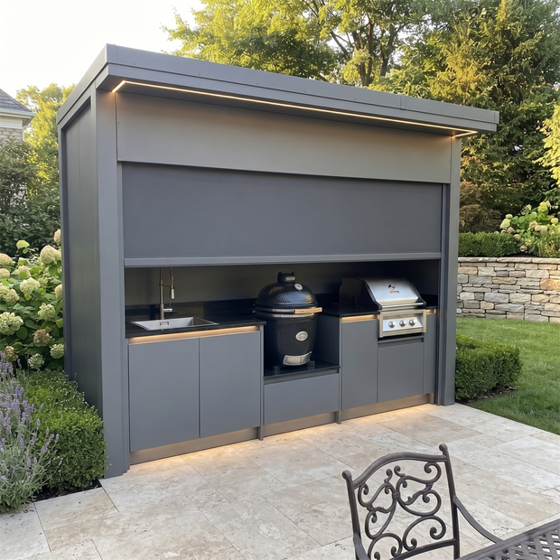 Made-to-Order Stainless Steel Outdoor Kitchen & BBQ Pod with Shed – Roller Shutter Door, Fridge & Sink for Patio