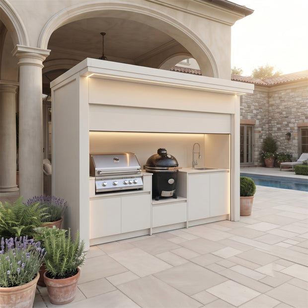 Custom Stainless Steel Outdoor Kitchen Pod with Shed – Electric Roller Shutter Door, Kamado With Sink for Patio