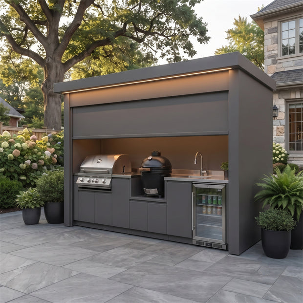 Custom Stainless Steel Outdoor Kitchen Pod with Shed – Roller Shutter Door, Fridge & Sink for Villa Courtyard
