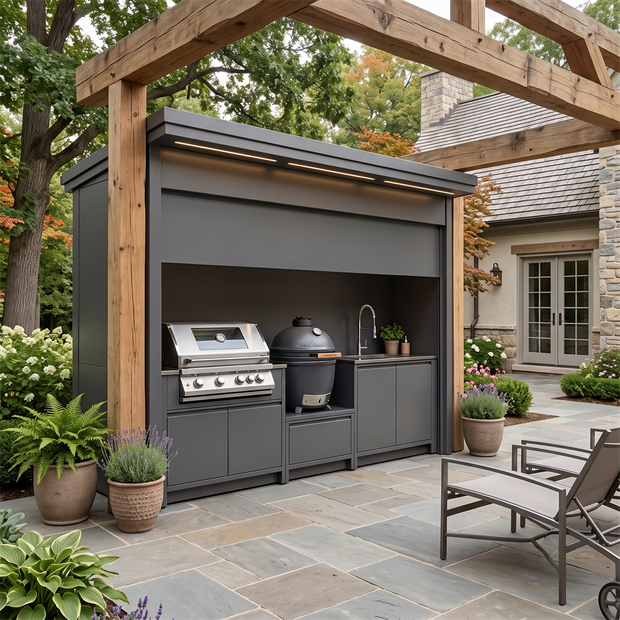 Bespoke Stainless Steel Outdoor Kitchen Pod with Shed – Roller Shutter Door, BBQ & Refrigerator for Villa Courtyard