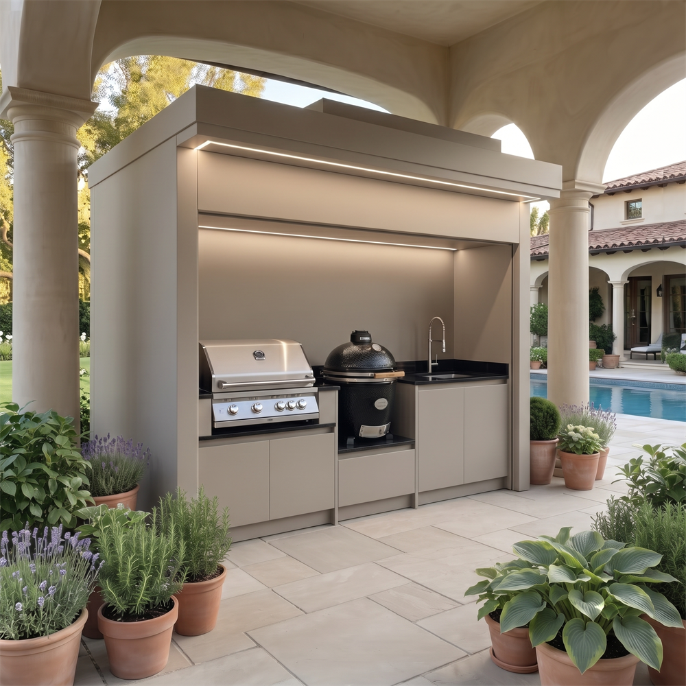 Bespoke Stainless Steel Outdoor Kitchen Shed – Electric Roller Shutter Door, Complete BBQ Station for Patio