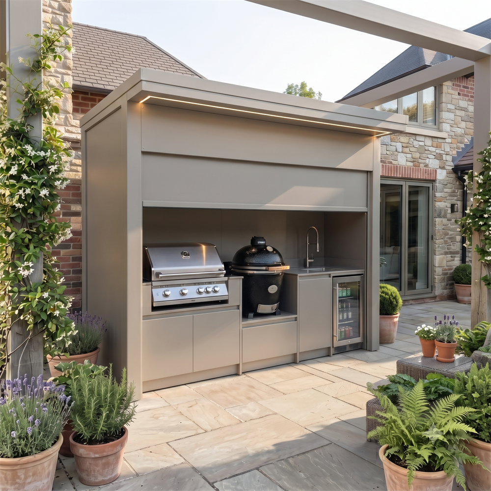 Custom Stainless Steel Outdoor BBQ Pod – Closable Roller Shutter, BBQ Station & Sink for Poolside