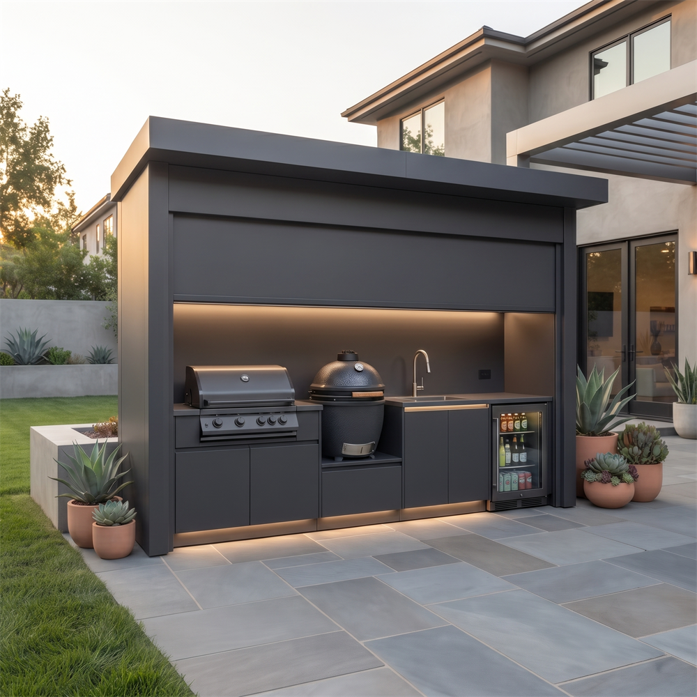 Tailor-Made Stainless Steel Outdoor BBQ Kitchen Pod with Shed – Roller Shutter Door, Gas BBQ & Kamado Grill for Garden