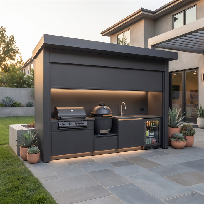 Tailor-Made Stainless Steel Outdoor BBQ Kitchen Pod with Shed – Roller Shutter Door, Gas BBQ & Kamado Grill for Garden