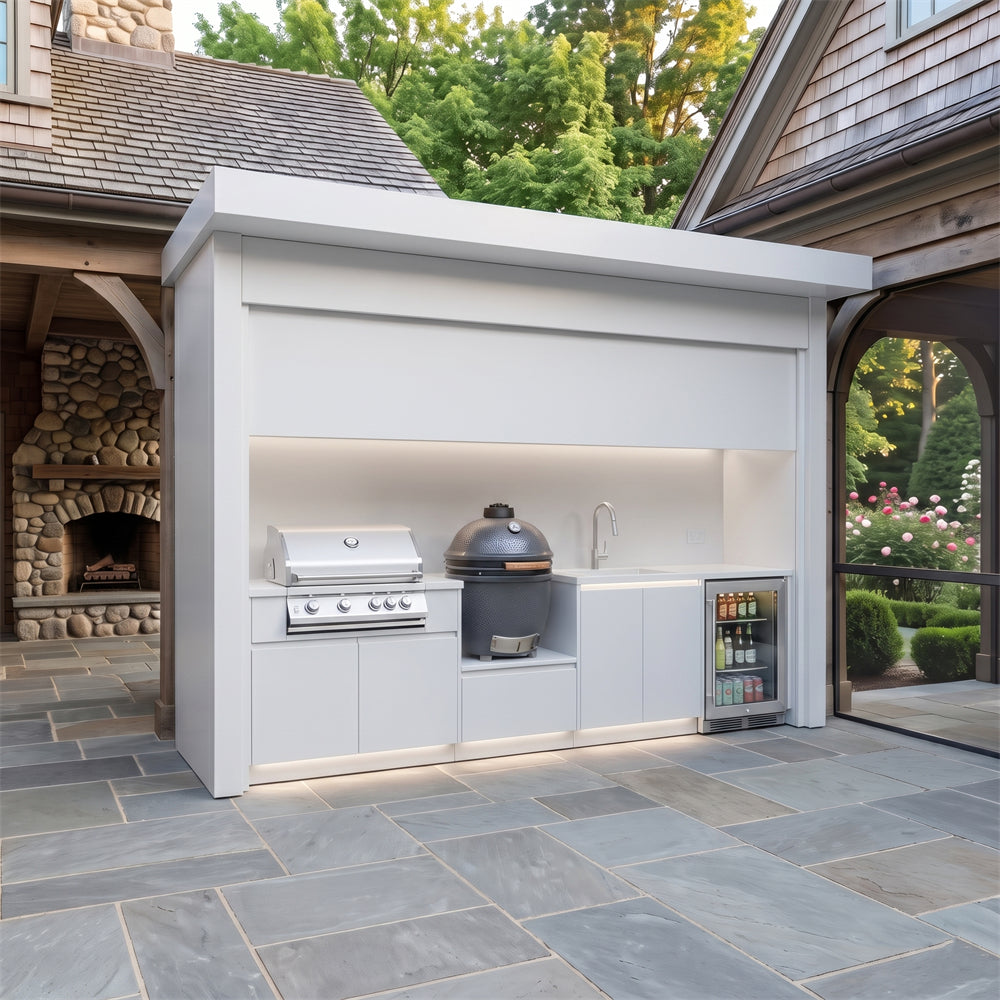 Tailor-Made Stainless Steel Outdoor Kitchen Pod with Shed – Roller Shutter Door, Gas BBQ With Sink for Patio