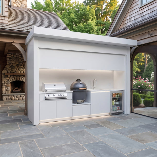 Tailor-Made Stainless Steel Outdoor Kitchen Pod with Shed – Roller Shutter Door, Gas BBQ With Sink for Patio