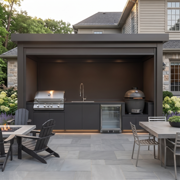 Made-to-Order Stainless Steel Outdoor Kitchen Pod with Shed – Roller Shutter Door, Fridge & Sink Station for Villa Courtyard