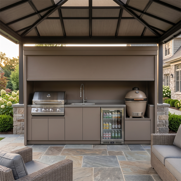 Custom Stainless Steel Outdoor Kitchen Pod with Shed – Roller Shutter Enclosure, Complete BBQ Station for Backyard