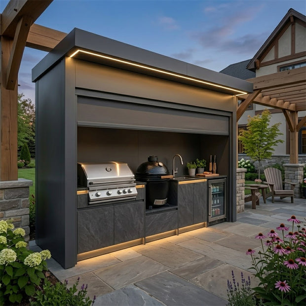 Made-to-Order Stainless Steel Outdoor Kitchen Pod – Roller Shutter Door, Kamado & Sink for Garden