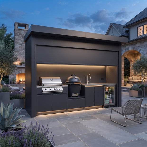 Tailor-Made Stainless Steel Outdoor Kitchen & BBQ Shed – Closable Roller Shutter, Fridge & Sink Station for Garden