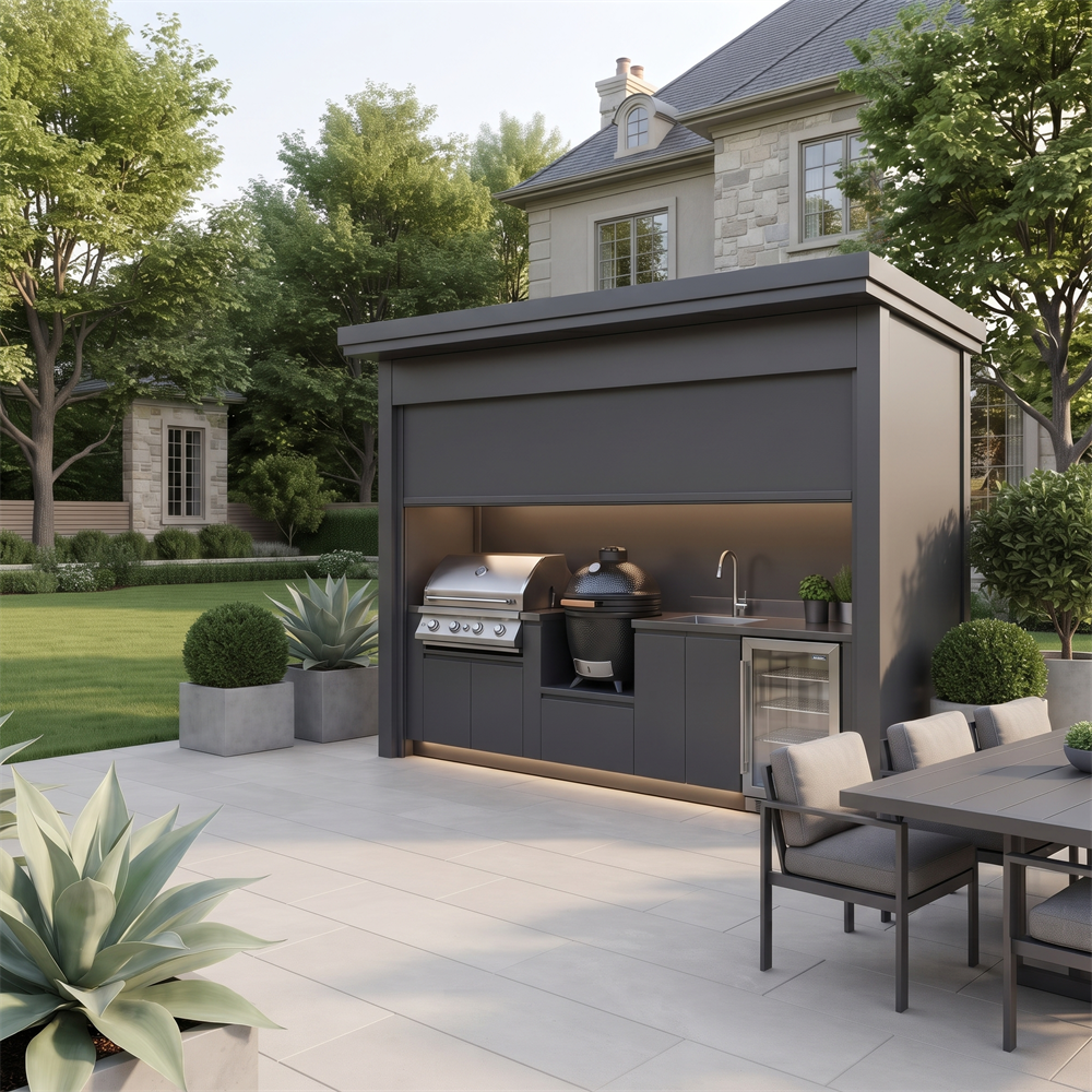 Made-to-Order Luxury Stainless Steel Outdoor Kitchen Pod – Closable Roller Shutter, Complete BBQ Station for Patio