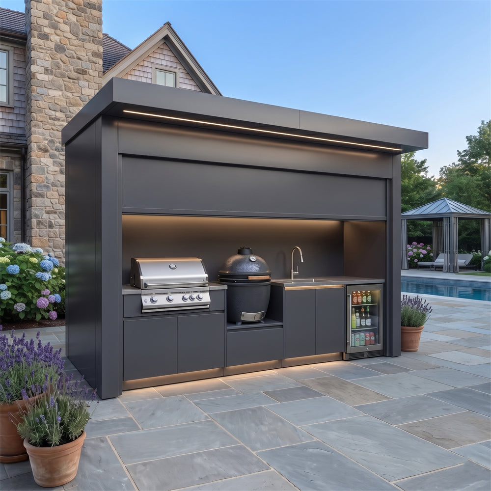 Custom Stainless Steel Outdoor Kitchen Pod with Shed – Roller Shutter Enclosure, Gas BBQ With Sink for Backyard