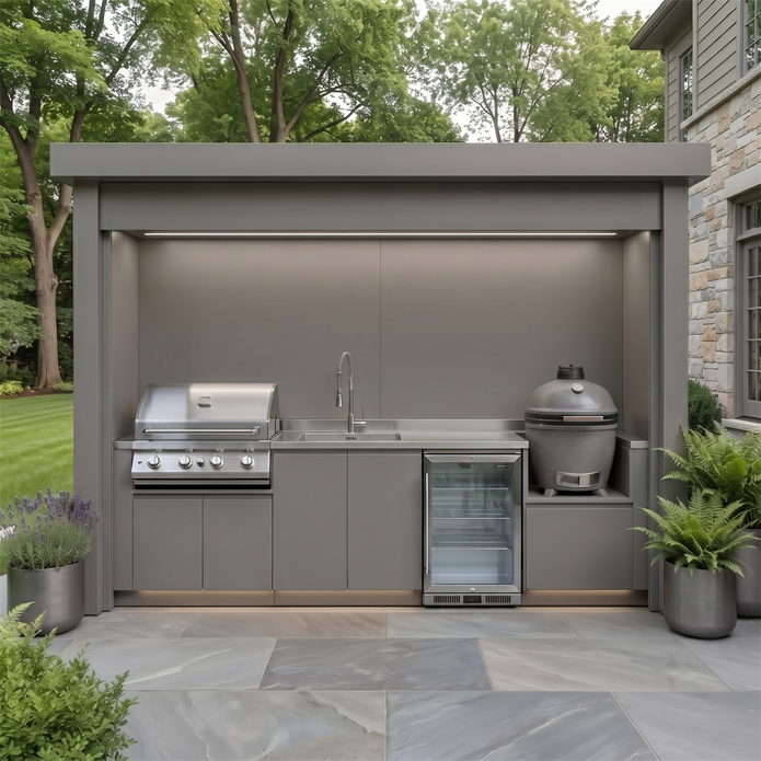 Made-to-Order Stainless Steel Outdoor Kitchen & BBQ Pod with Shed – Roller Shutter Door, Gas BBQ With Sink for Poolside