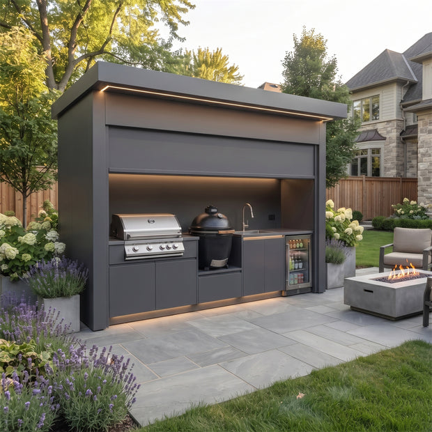 Made-to-Order Stainless Steel Outdoor Kitchen Pod with Shed – Roller Shutter Door, Gas BBQ With Sink for Backyard
